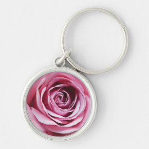Fisk rosa ros-vattenfärgad blomma rund silverfärgad nyckelring