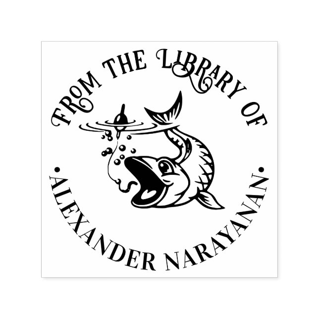 Fisk som fångas av agn från bibliotek vid Bok Namn Självfärgande Stämpel (Design)