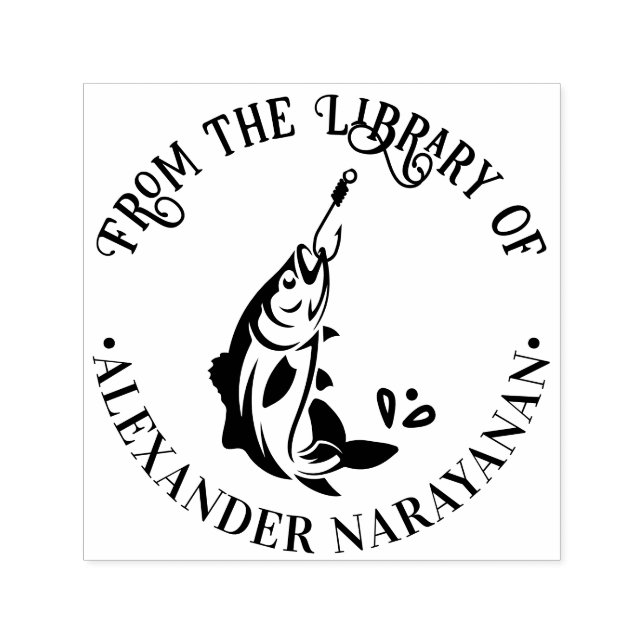 Fisk vid Krok från bibliotek vid Bok Namn Självfärgande Stämpel (Design)
