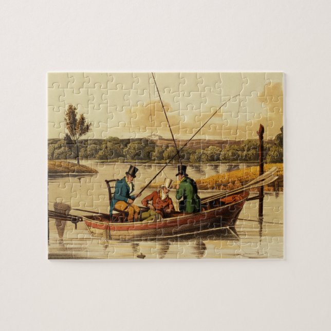 Fiska i en stakbåt, aquatinted av I. Clark, pub. Pussel (Horisontell)