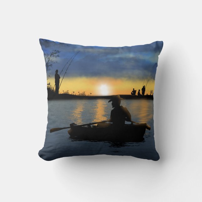 Fiska på solnedgångdekorativ kudde 16" x 16", (Framsida)