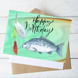 Fiskälskares födelsedag med fisk krok vattenfärg vykort