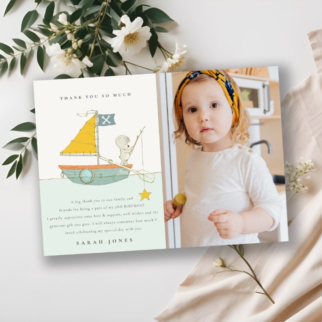 Fiskande björn foto segelbåt barn alla åldrar föde tack kort (Skapare uppladdad)