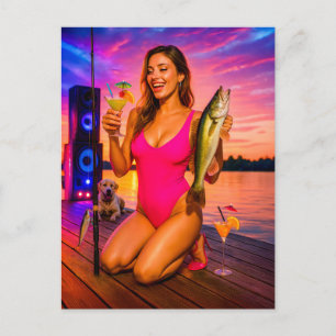 Fiskande festflicka med cocktail och musik helg vykort