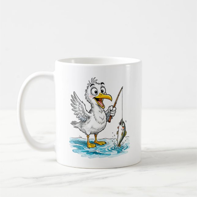 Fiskande mås med fiskespö i grunt vatten kaffemugg (Vänster)