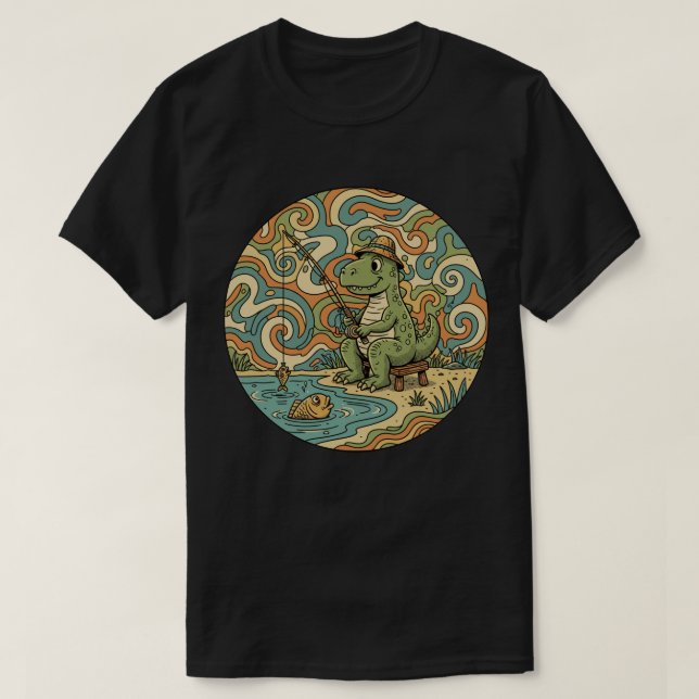 Fiskande T-Rex - Groovy dinosauriefiskare T Shirt (Design framsida)