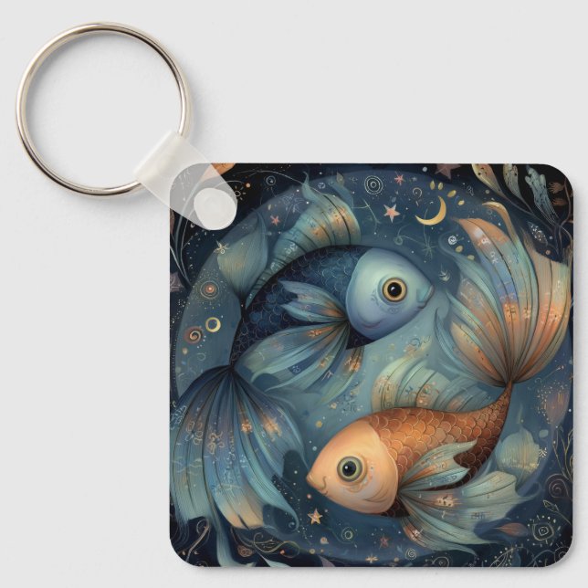Fiskar Fisk Zodiac Astrologi Celestial Födelsedag Nyckelring (Framsida)