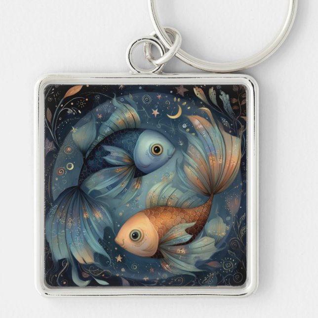 Fiskar Fiskarna Zodiak Astrologi Celestial Födelse Fyrkantig Silverfärgad Nyckelring (Framsidan)