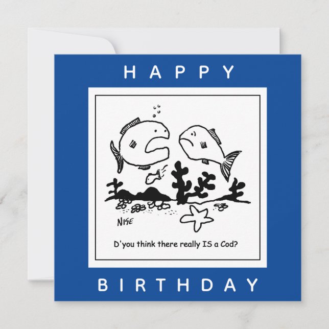 Fiskar frågar om det finns en Guds tecknad Kort (Framsida)