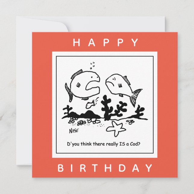 Fiskar frågar om det finns en Guds tecknad Kort (Framsida)