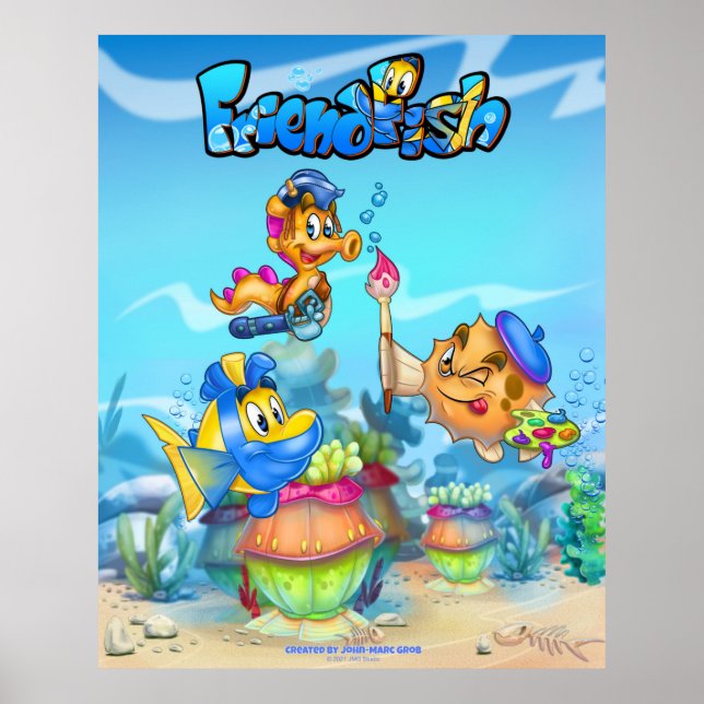 Fiskar i den söta tecknaden FriendFish poster (Framsidan)