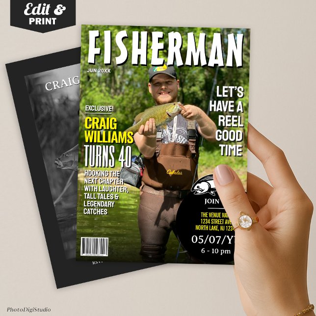 Fiskare Birthday Inbjudan, fiskelagasin Inbjudningar (Fisherman Birthday Invite, Fishing Magazine Invitation)