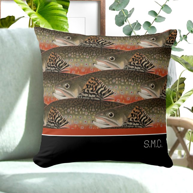 Fiskare Brook Trout Fish Design Black White Rust Kudde (Skapare uppladdad)
