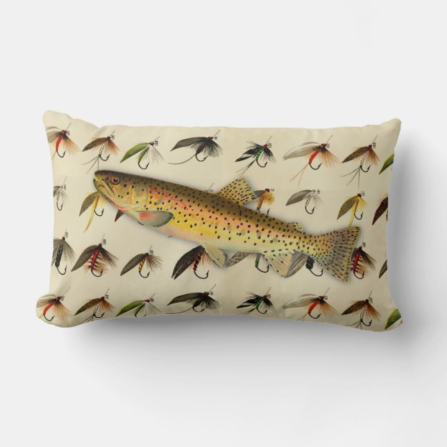 Fiskare - Flygfisket Trout flyger vattenfärgsrutor Lumbarkudde (Framsida)