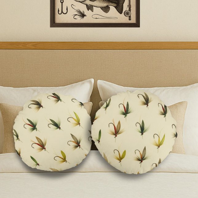 Fiskare - Flygfisket Trout flyger vattenfärgsrutor Rund Kudde (Skapare uppladdad)