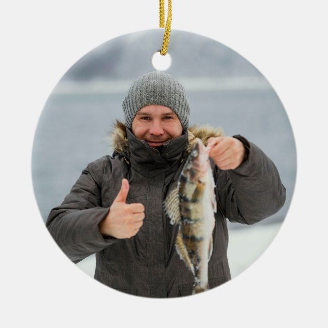 Fiskare Foto Minnesgåva Till Minne Av Julgransprydnad Keramik (Framsidan)