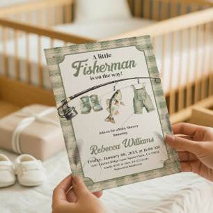 Fiskare Gingham Tvättpinne Fiske Bebis Shower Inbjudningar