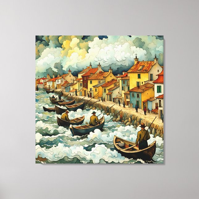 Fiskare i båtar i Stormy Sea Van Gogh Stil Canvastryck (Framsida)