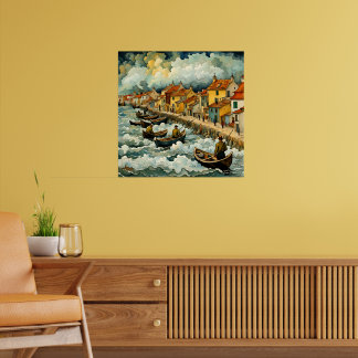 Fiskare i båtar i Stormy Sea Van Gogh Stil Poster