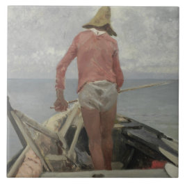 Fiskare i hans båt (av Vincenzo Caprile) Kakelplatta