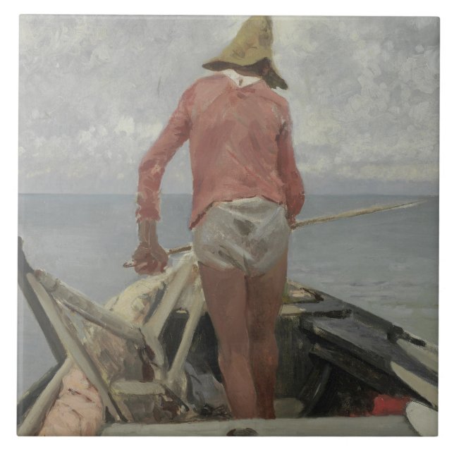 Fiskare i hans båt (av Vincenzo Caprile) Kakelplatta (Framsidan)