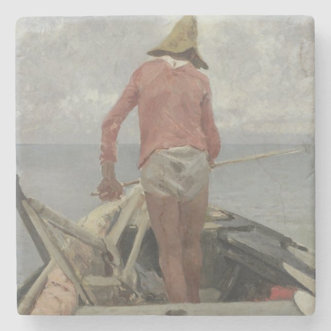 Fiskare i hans båt (av Vincenzo Caprile) Stenunderlägg (Framsidan)