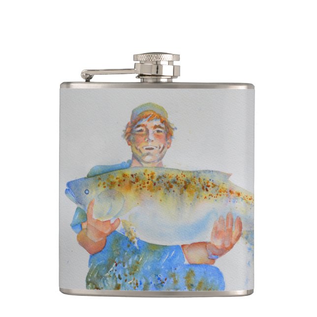 Fiskare - målarfärg - fiskegåva till honom fickplunta (Framsidan)