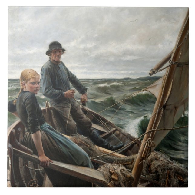 Fiskare och dotter till sjöss (av Albert Edelfilt) Kakelplatta (Framsidan)