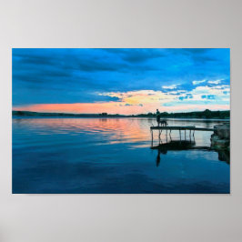 Fiskare och hans Hund vid Sunset Poster