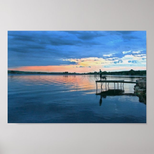 Fiskare och hans Hund vid Sunset Poster (Framsidan)