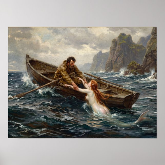 Fiskare och Havsfrus målning Poster (Framsidan)