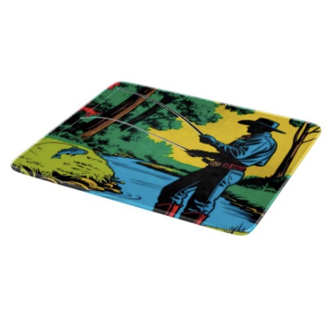 Fiskare på flodbank  (Retro Cowboy Fishing Riverside Scene glass cutting board tempered glass five different sizes.)