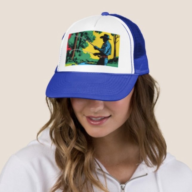 Fiskare på flodbank keps (Cowboy Fishing Trucker Hat   Adjust from 17" to 24" 100% polyester foam front 100% nylon mesh back. )