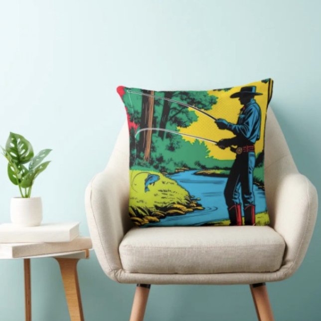 Fiskare på flodbank kudde (Retro Cowboy Fishing Riverside Scene pillow high quality 100% polyester hidden zipper enclosure.
)