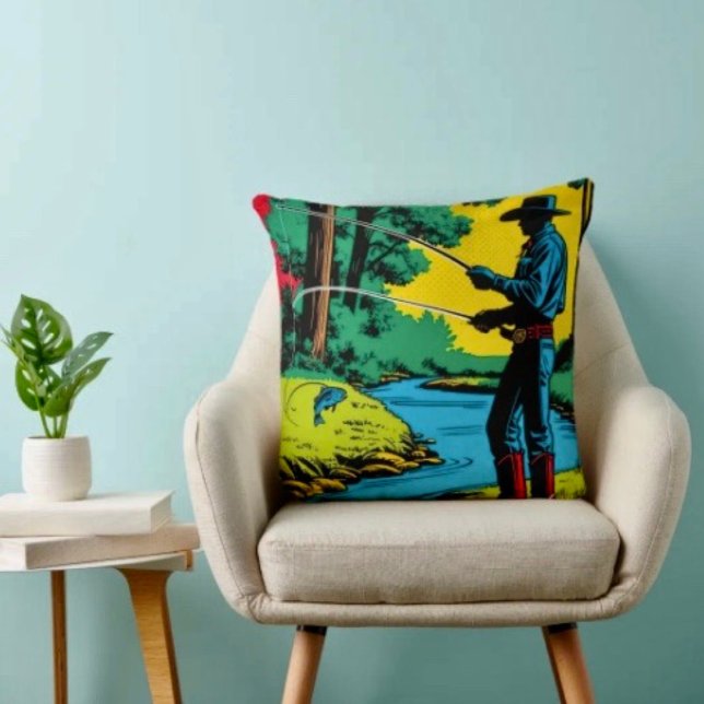 Fiskare på flodbank kudde (Fisherman on Riverbank Throw Pillow High quality 100% polyester hidden zipper enclosure.)