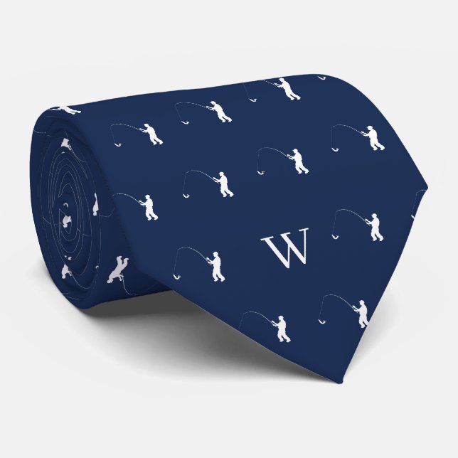 Fiskare Redskap Bete Monogram Initialer Marinblå Slips (Rullad)