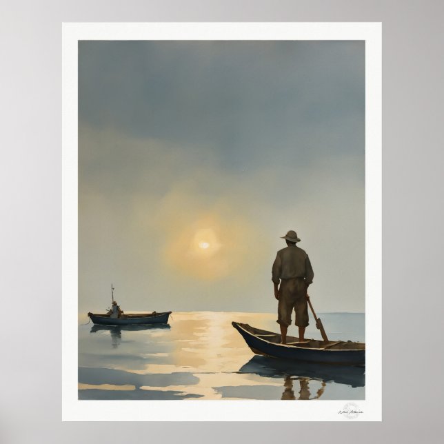 Fiskare vid gryning Konsttryck, Dimma hamn Poster (Framsidan)