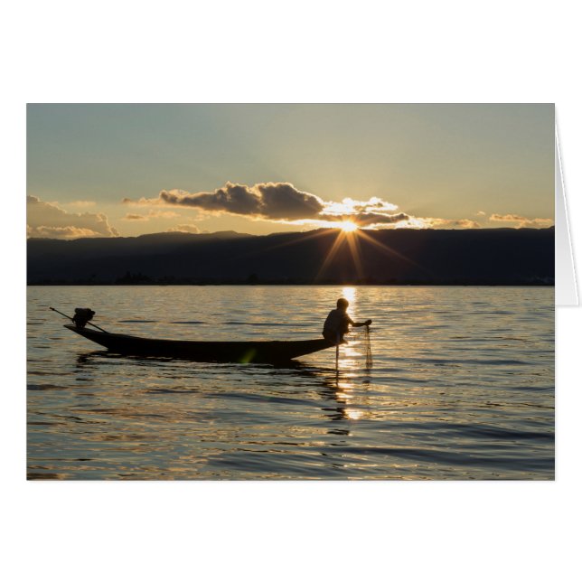 Fiskare vid solnedgång hälsningskort (Framsidan Horizontal)