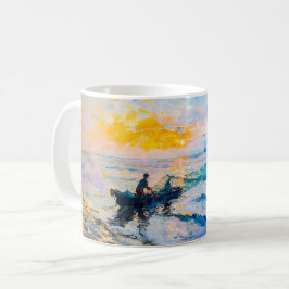 Fiskare vid solnedgång Impressionistisk kustscen Kaffemugg