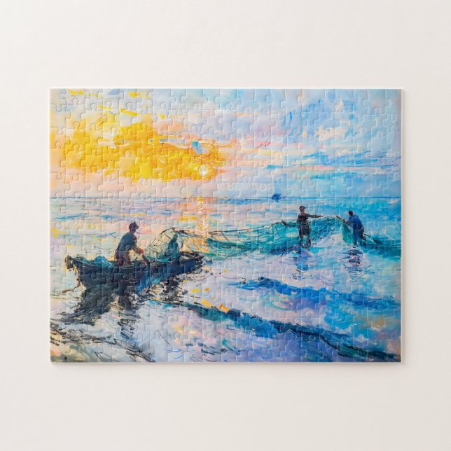 Fiskare vid solnedgång Impressionistisk kustscen Pussel (Horisontell)