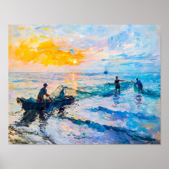 Fiskare vid sunset Impressionist kustscen Poster (Framsidan)