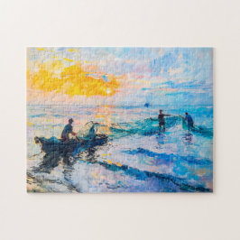 Fiskare vid sunset Impressionist kustscen Pussel