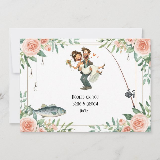 Fiskarens bröllop med fiskespö och blommor  inbjudningar (Framsida)