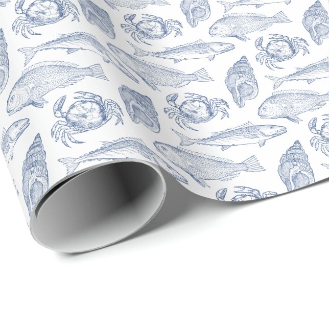 Fiskarens Dagens Fångst Blå och Vit Presentpapper (Rullad Hörn)