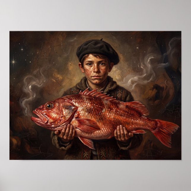 Fiskargosse med röd fisk-målning poster (Framsidan)