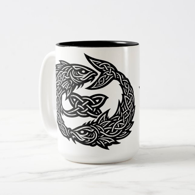 Fiskarna Keltisk Två‑Strömmars Sigil | BurnsInHell Två-Tonad Mugg (Framsida vänster)