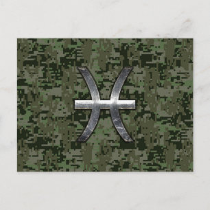 Fiskarna Zodiak Symbol Skogsgrön Digital Camo Vykort