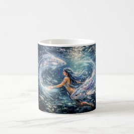 Fiskarnas Zodiak med Kvinna Omgiven av Två Lysande Kaffemugg
