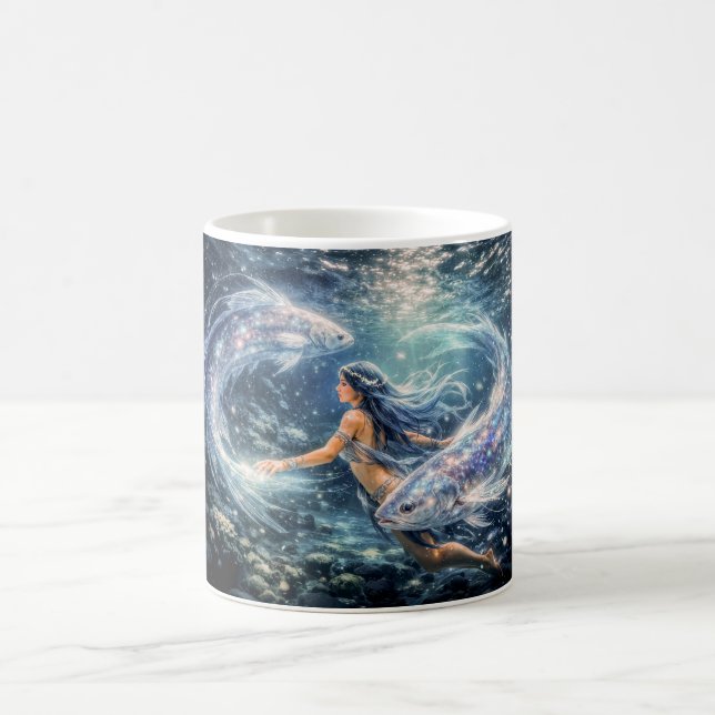 Fiskarnas Zodiak med Kvinna Omgiven av Två Lysande Kaffemugg (Center)