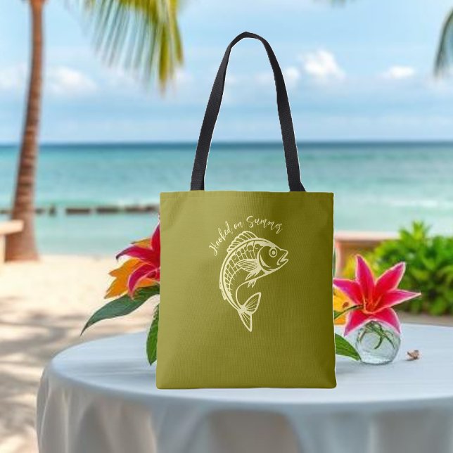 Fiskblåst på sommarolive tygkasse (Fish Hooked on Summer Fisherman Core Beach Tote-olive green)